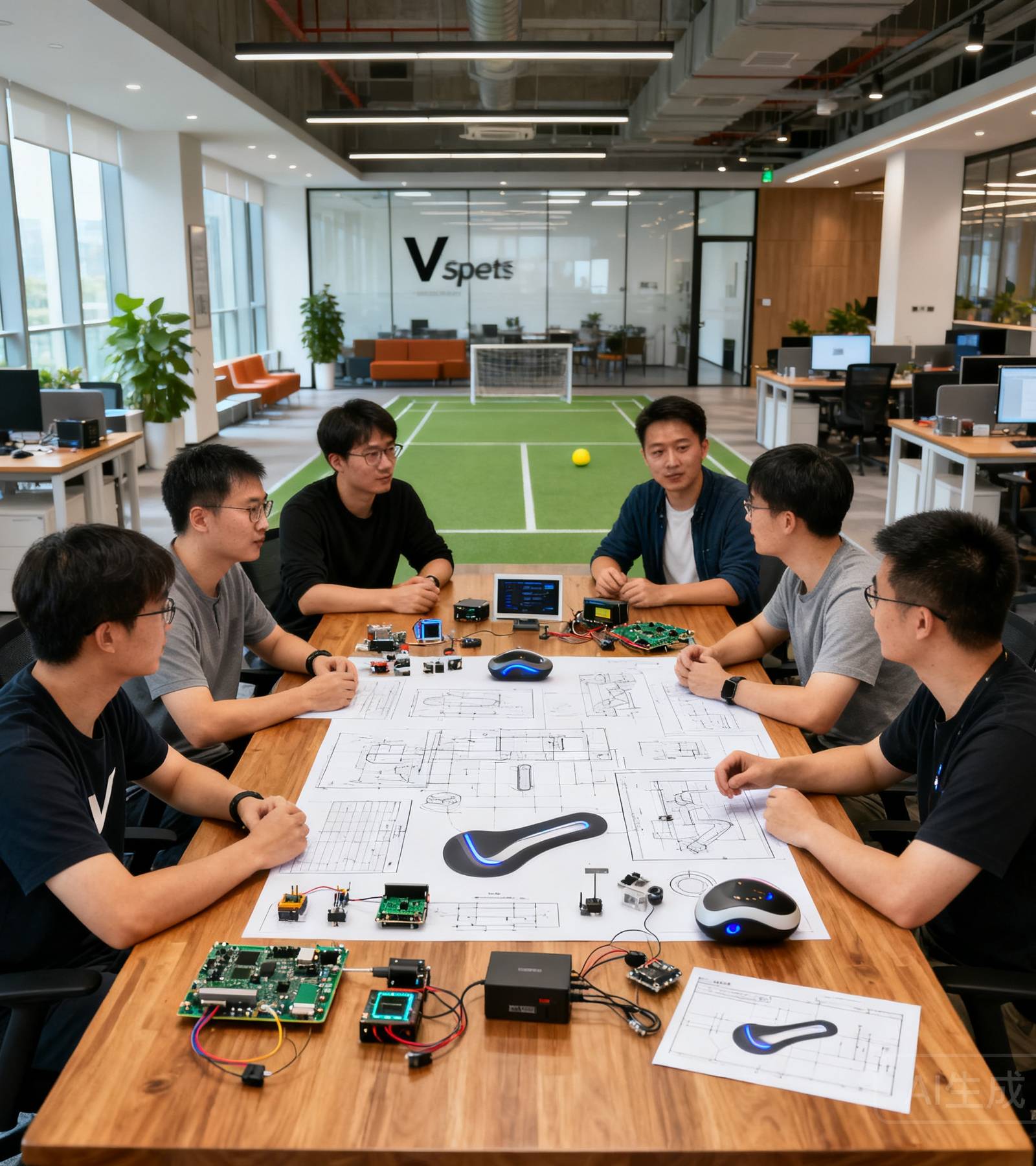 V体育创始团队成员围坐在开放式办公区的会议桌旁，桌上铺满了硬件原型和设计图纸，讨论智慧体育产品的技术方案