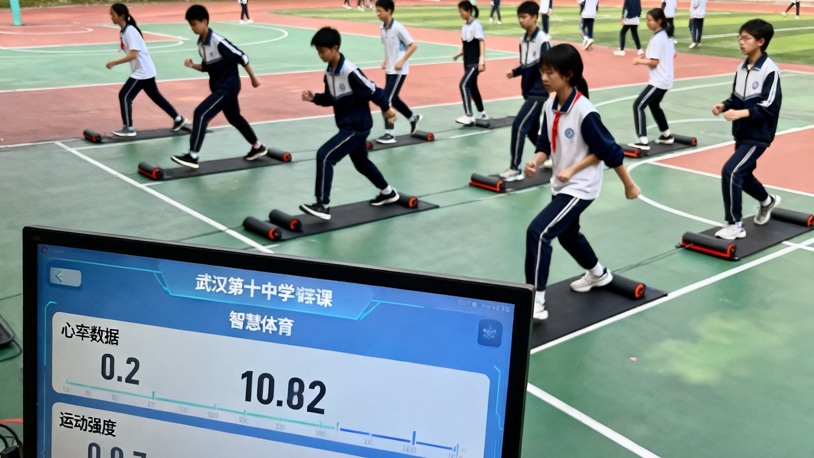 武汉第十中学的学生们在智慧体育课上分组进行体能训练，场边大屏幕实时显示每个学生的心率数据和运动强度
