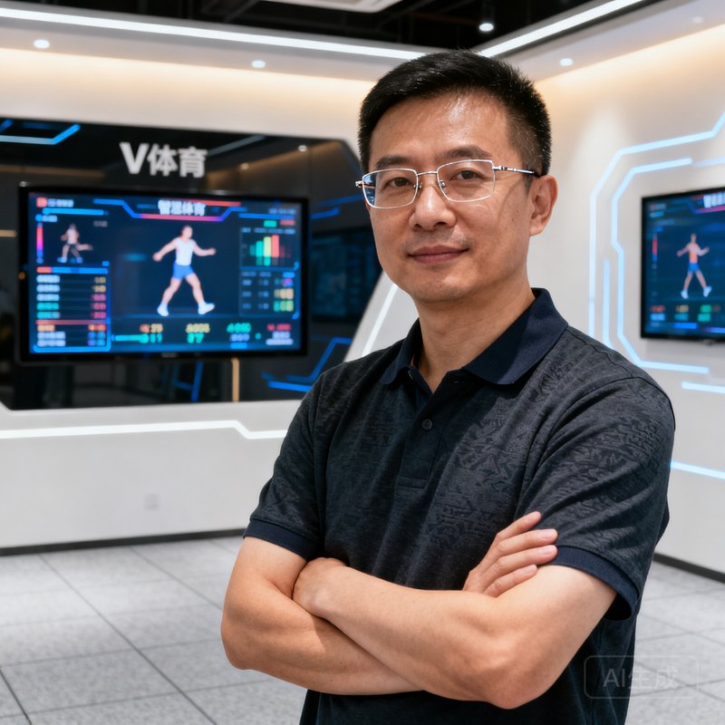 V体育创始人兼CEO刘志远，戴着无框眼镜，身穿深色Polo衫，双臂交叉站立在智慧体育展厅中